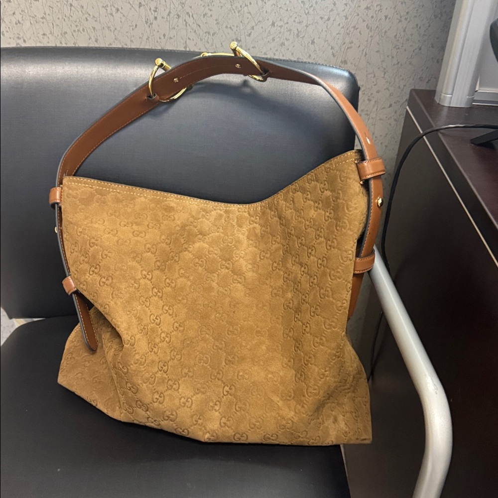 Brown Suede Monogram Hobo Bag - Picture 5 of 10